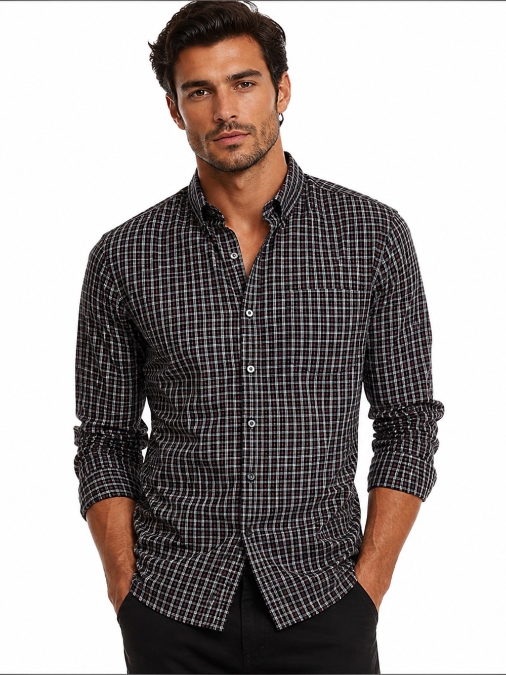 GAP Fitted Black Plaid Button Down Shirt Men’s Small 100% Cotton Long Sleeve